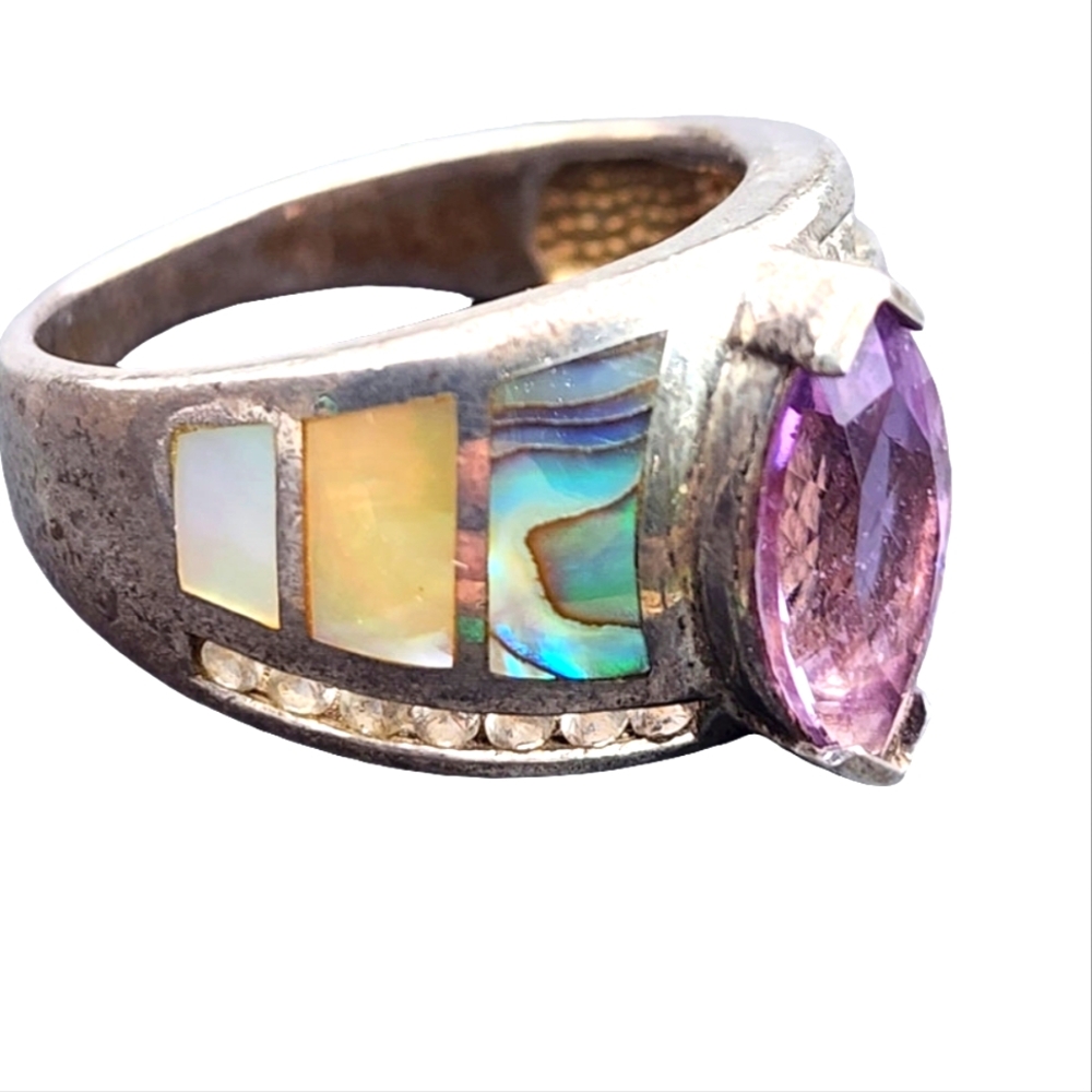 Witney Kelly Sterling Silver ring size 9.75 Mother of pearl abalone CZ Amethyst